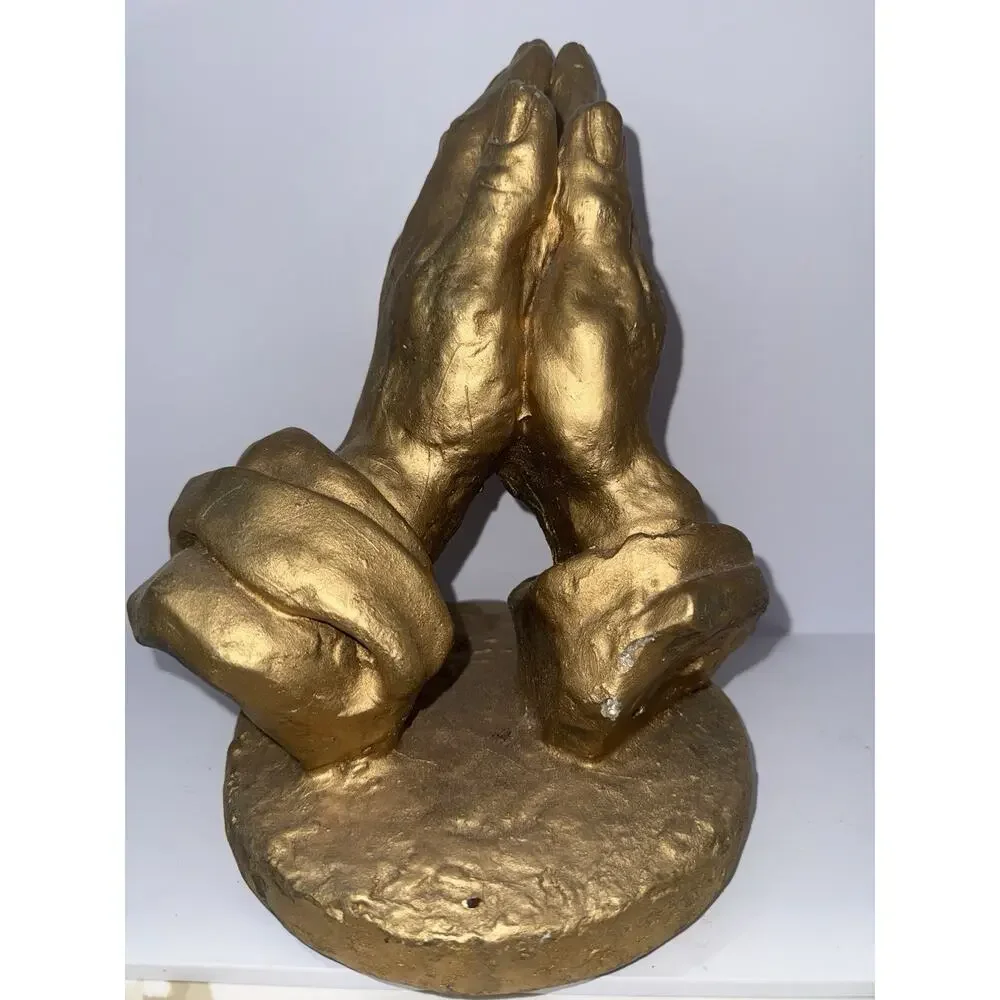 Vintage Praying Hands Sculpture Mexico Mexican Art Gold Chalk-Ware Heavy 10”
